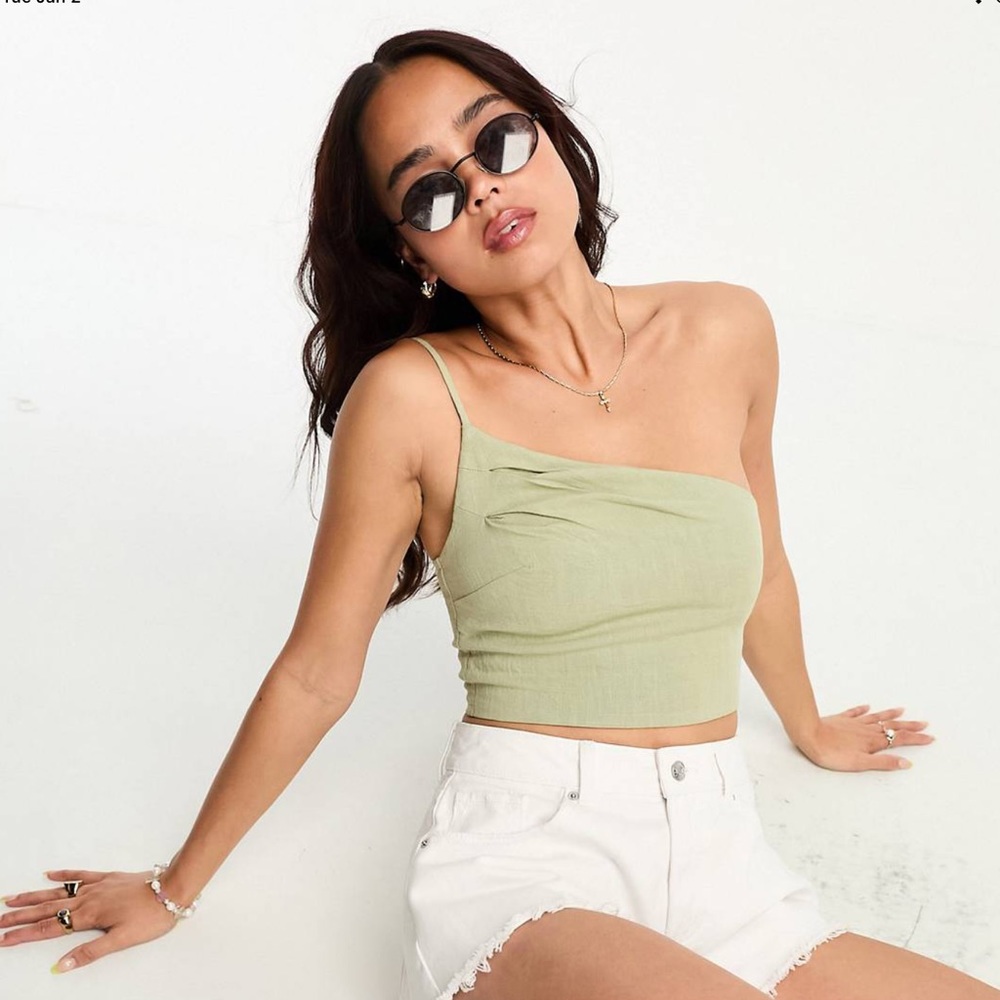 Stradivarius linen look asymmetric cami in khaki